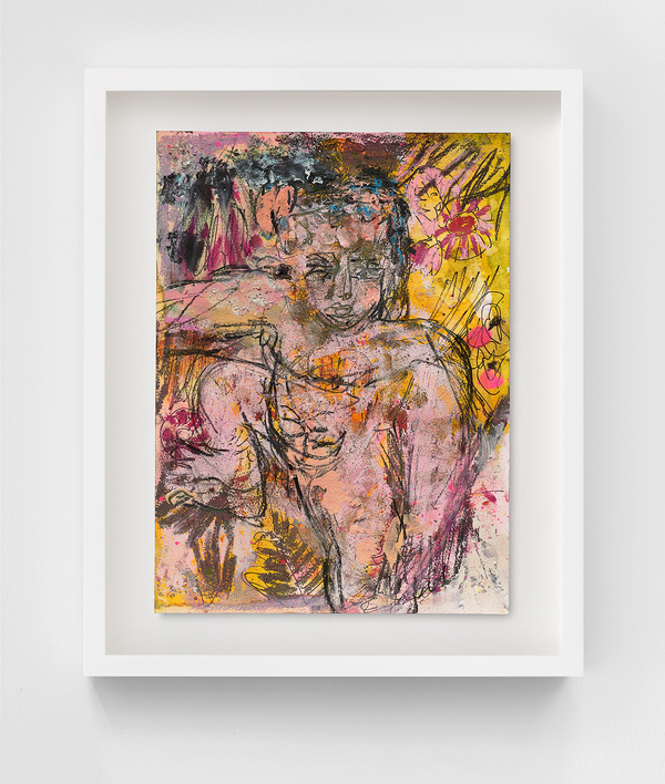 Daniel Crews-Chubb Giant, with flowers (yellow)2021 Oil bar, pastel, charcoal, ink, spray paint and pen on paper Unframed dimensions: 15 x 11 ¼ in. (38 x 28 cm) Framed Dims: H52.3cm x W41.3cm x D5cm