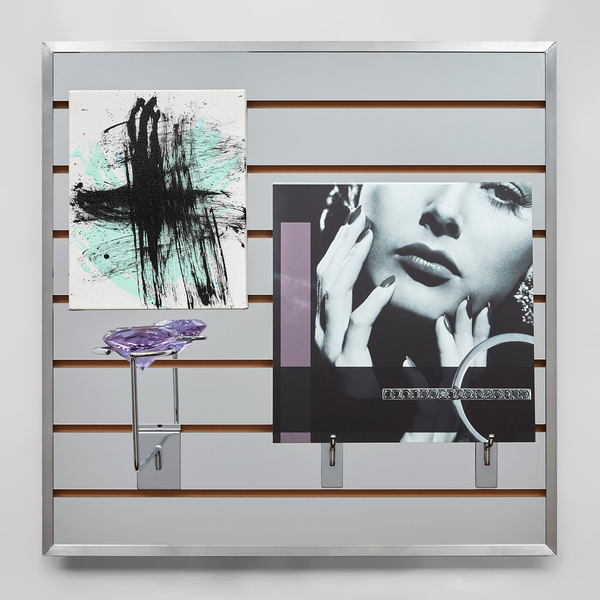 Josephine Meckseper Critique of Pure Reason2017 Pigment print on anodized aluminum, acrylic paint on mirror acrylic sheeting, glitter on canvas, crystal, metal fixtures, acrylic mirrored MDF slatwall with aluminum edging 23 3/4 x 23 3/4 x 11 1/8 in 60.3 x 60.3 x 28.3 cm