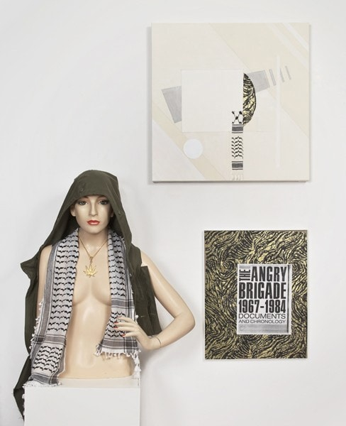 Josephine Meckseper Untitled2005 Mannequin, fabric, found jewellery, inkjet print on fabric, acrylic and fabric on canvas Mannequin size: 57 x 26 x 17 1/3 in. / 145 x 66 x 44 cm Painting size: 24 x 24 in. / 61 x 61 cm Collage size: 16 x 16 in. / 41 x 41 cm