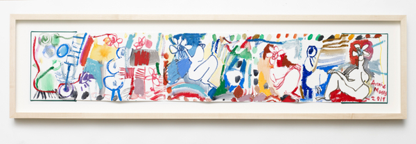 Annie Morris Ultramarine Flower Woman2020 Watercolour, crayon, pencil, oil stick and pastel 9 ⅛ x 48 ⅞ in. (23.3 x 124 cm)