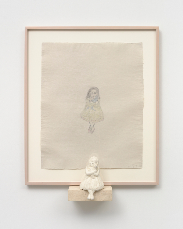 Kiki Smith Girl With Cat III1999 Colored pencil on paper with ceramic sculpture and wood shelf Sculpture: 8 x 5 x 5 1/2 in. / 20.3 x 12.7 x 14 cm Shelf: 2 x 8 x 6 in. / 5.1 x 20.3 x 15.2 cm Drawing: 24 1/2 x 19 3/4 x 5 1/2 in. / 62.2 x 50.2 x 14 cm