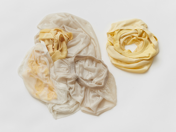 Isabella Benshimol Toro Soft Shell Cochlea N.22021 Used clothes, epoxy resin Larger part: 23 ⅝ x 20 ½ x 2 ¾ in. / 60 x 52 x 7 cm Smaller part: 12 ⅝ x 12 ⅝ x 1 ⅝ in. / 32 x 32 x 4 cm