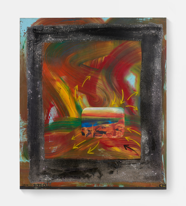 Chris Martin Circulation of Energies2019-2020 Acrylic, oil, glitter, collage on canvas 77 x 66 in. / 195.6 x 167.4 cm