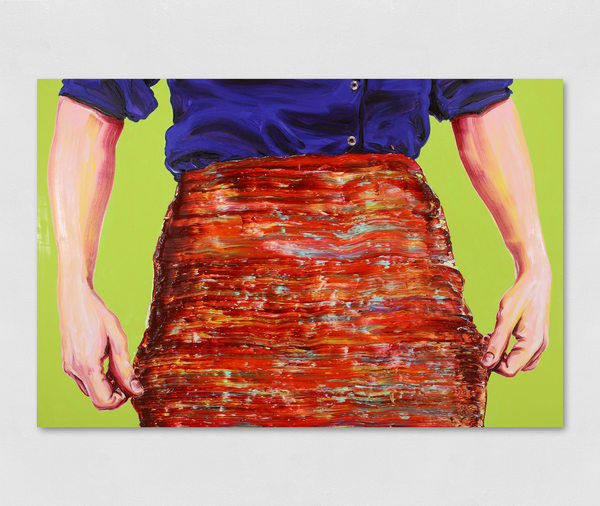 Oil painting of the waist of a person wearing a blue shirt and two arms pinching the sides of a skirt rendered in blurry brushmarks against a lime-green background. Artwork details: Artist: Cornelius Völker. Hände. Date: 2003. Medium: Oil on canvas. Dimensions: 200 x 300 cm.