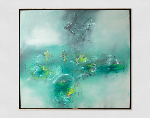 Abstract oil painting in green, yellow, white and black.