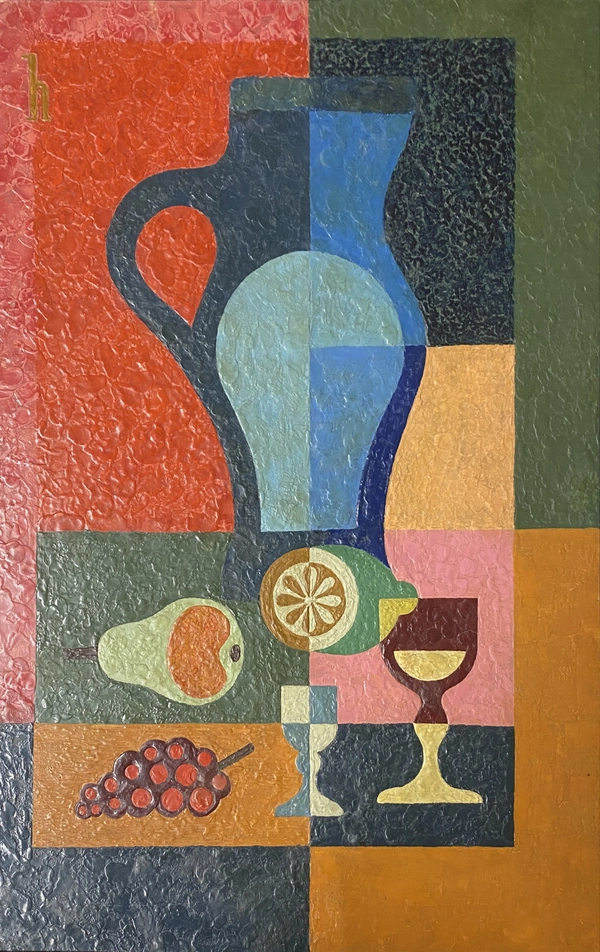 Heinrich Hoerle, Blauer Krug (abstrakt-geometrisches Stilleben) mit im Quadrat verteilten Früchten und Bechern, 1934