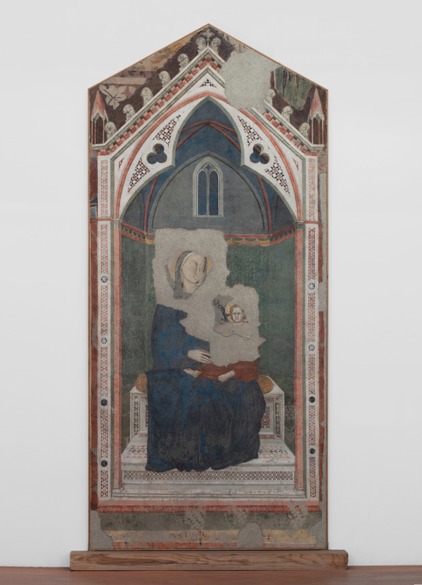 A ripped fresco of the Virgin Mary in Majesty holding Jesus Christ. Artwork details: Artist: Giotto di Bondone (collaborator). Artwork title: Madonna in Maestà. Artwork date: 1300. Artwork medium: Ripped fresco. Artwork dimensions: 350 x 160.5 x 3.5 cm.