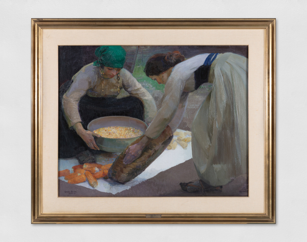 An oil painting of two women harvesting corn. On the right, one woman delivers corn husks; on the left, the woman with elaborate earrings sieves the corn.