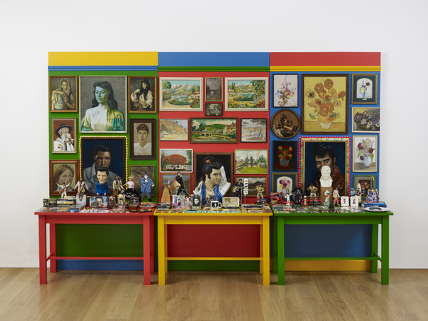 Peter Blake, Elvis Shrine: Portraits, Landscapes or Still Lifes?, 1994–2015, three wood panels and tables with household paint, found objects and tube LED lights, three panels each 96 x 48 in & three tables with objects 49 5/8 x 48 1/4 x 24 in/ three panels each 244 x 122 cm & three tables with objects 126 x 122.5 x 61 cm