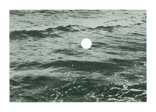 a hole in the sea, 1969, 16mm colour film still, as reproduced to annouce Land Art, Fernsehgalerie Gerry Schum, Berlin, 1969