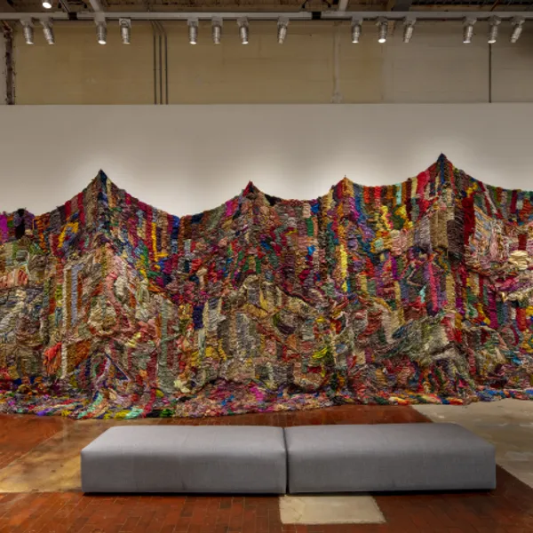 Suchitra Mattai , “Exodus” (2019 ), vintage saris from India; Sharjah; and artist’s Indo-Guyanese family; and rope net, 180 x 480 inches (image courtesy K Contemporary Art and the artist . On view at the Momentary)