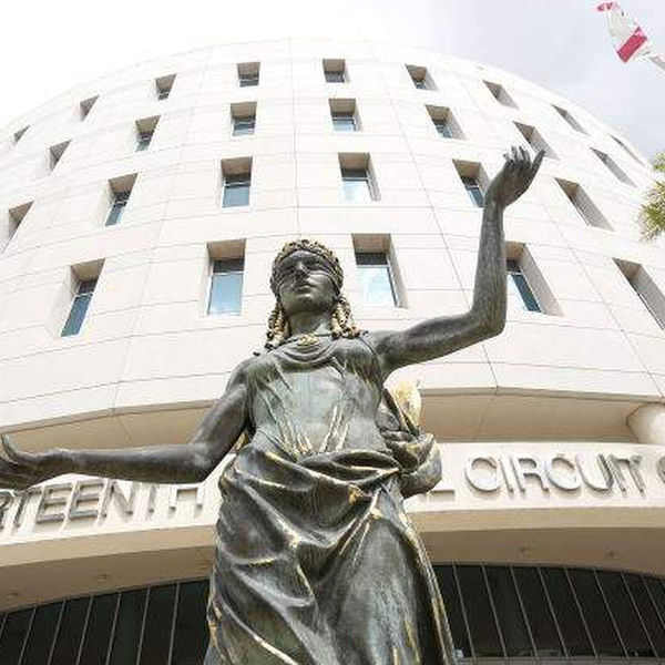 Audrey Flack's "Lady Justice" sculpture stands in front of the Thirteenth Judicial Circuit Court.