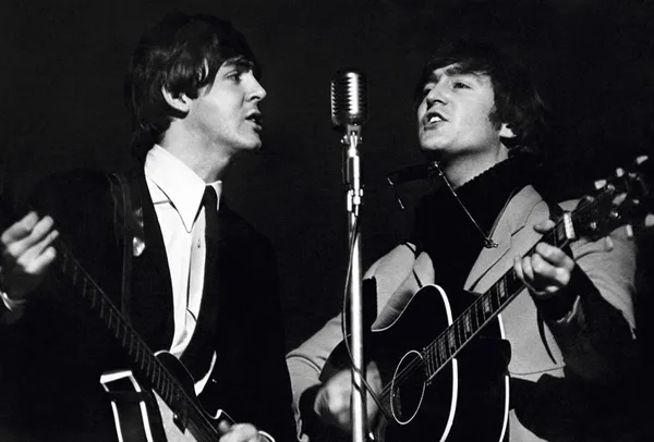 The Beatles' Paul McCartney and John Lennon at Wembley Studios in April, 1964