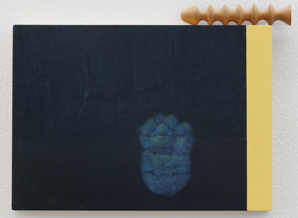 Edgar Orlaineta Untitled, 2024 Oil, acrylic paint on board, and wood element Painting: 20 x 28 x 3.1 cm 7 3/4 x 11 x 1 1/4 in Wood element: 12.2 x ø 2.5 cm 4 3/4 x ø 1 in