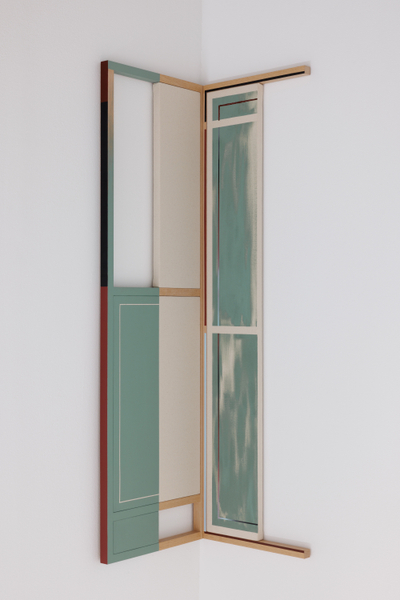 Sarah Almehairi Off Centric Foliage, 2025 Acrylic on canvas and wood 120 x 71 cm 47 1/4 x 28 in 120 x 35 cm (left piece) 120 x 36 cm (right piece)