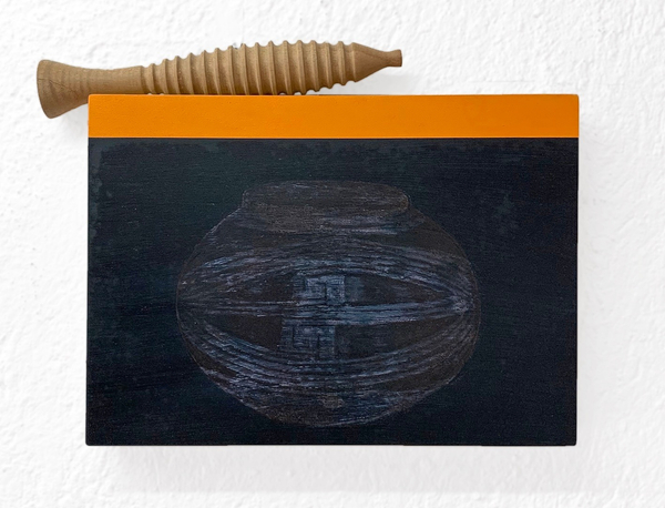 Edgar Orlaineta Untitled, 2024 Oil, acrylic paint on board, and wood element Painting: 20 x 28 x 3.1 cm 7 3/4 x 11 x 1 1/4 in Wood element: 21 x ø 3.4 cm 8 1/4 x ø 1 1/4 in
