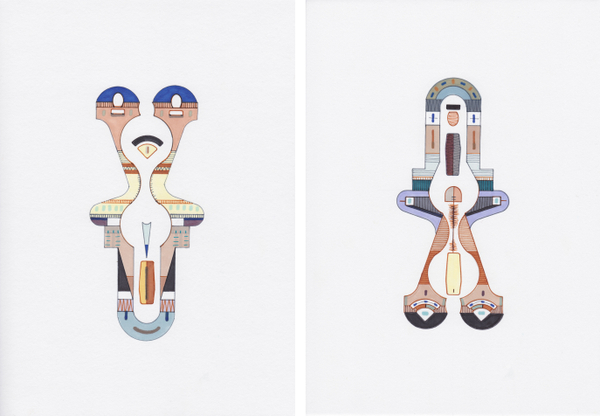 Amba Sayal-Bennett Ruff and Taya, 2019 Ink, pro-marker and graphite on Daler Rowney paper Diptych 30 x 21 cm each 11 3/4 x 8 1/4 in each