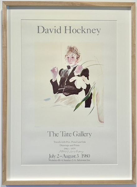 Alt="David Hockney signed Tate poster 'Travels with Pen, Pencil and Ink Drawings and Prints 1980' featuring portrait of Celia Birtwell, in Hockney’s distinctive line drawing style."