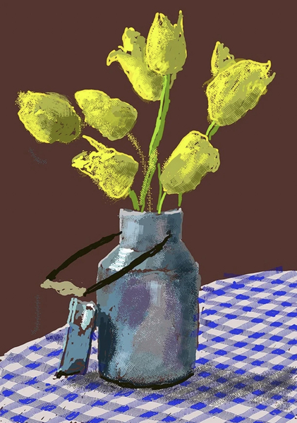 David Hockney, Yellow Flowers in a Small Milk Churn, 21st April 2021, featuring 20 yellow flowers in a small milk churn; part of a series of bigger pictures exhibition, 2021