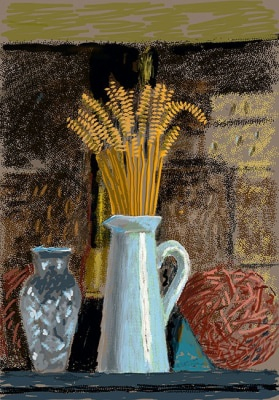 David Hockney – Glass Vase, Jug and Wheat (2020), signed limited‑edition iPad drawing print, 88.9 × 63.5 cm