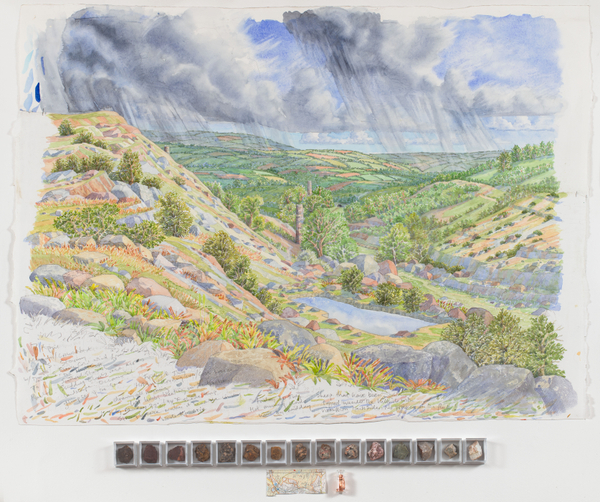 Tony Foster Rewilding: Minions to Crow’s Nest · Copper Mines Abandoned 1914, 2023 watercolour & graphite on paper, slag heap samples and miniature highland bull in acrylic boxes, copper in a glass bottle with cap, map 118 x 111cm