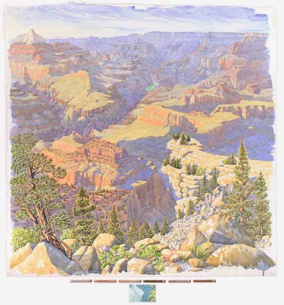 Tony Foster Water Cuts Through Stone · Grand Canyon from Rim to River · 5800ft · c.12-14 Million Years , 2017 watercolour & graphite on paper, crushed grand canyon rock (in geological order) in glass tubes, cork, sealing wax, map 125 x 117cm (diptych)