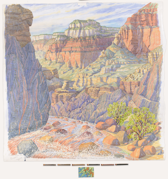 Tony Foster Water Cuts Through Stone · Grand Canyon from Rim to River · 5800ft · c.12-14 Million Years , 2017 watercolour & graphite on paper, crushed grand canyon rock (in geological order) in glass tubes, cork, sealing wax, map 125 x 117cm (diptych)