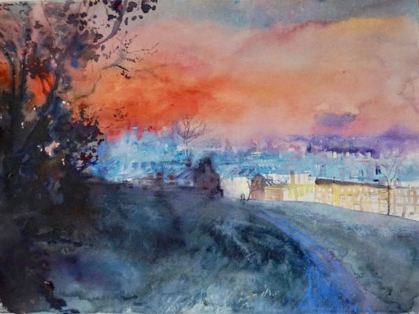 Sophie Knight Early Evening Light, Sky Ablaze, Telegraph Hill, London mixed media Framed Artwork: 56 x 76cm Frame: 66 x 86cm