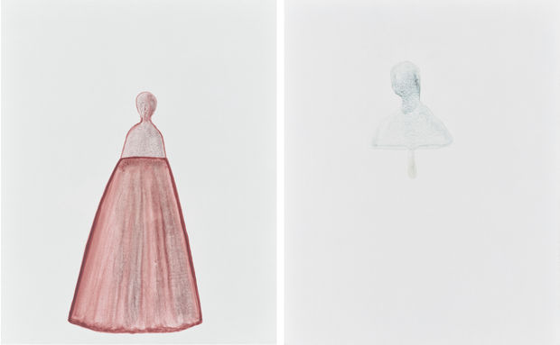 Sara Maher in collaboration with Maria Mac Dermott Sororal Twins (Potter's Pink and Rare Green Earth) 2025 watercolour on wood...