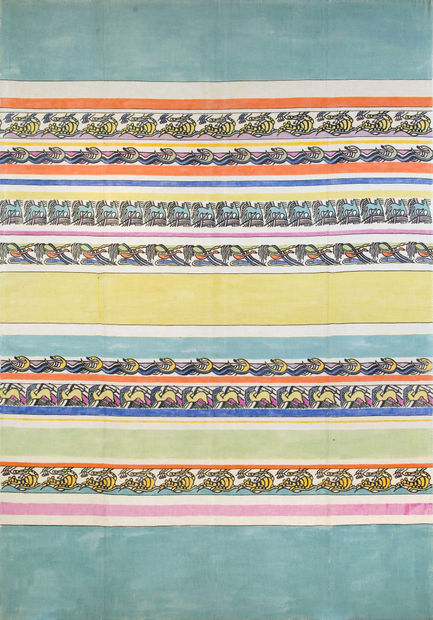 Percy Wyndham Lewis Bedspread, 1913-14, c. Rebel Art Centre or Omega Workshops Hand-block print on linen with hand-stitched woolwork and...