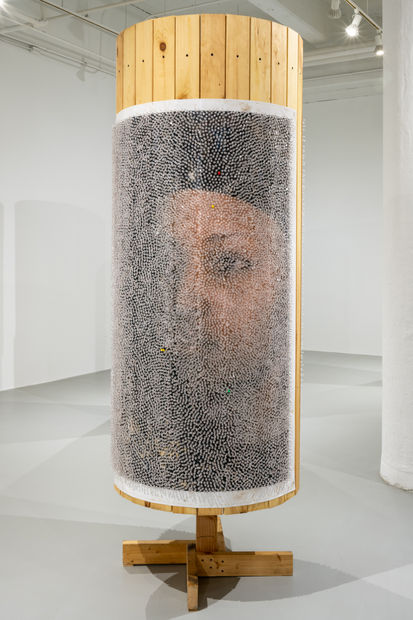 The complexity of the pushpin surface is in full force in this work. The clear plastic tops are placed together...