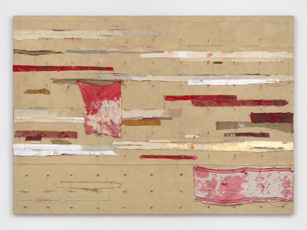 Bandaged Grid #9 (2020) features fields or grids of grommets. Layering patches of fabric over grommets, in this work, Hammond...