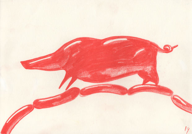 1 chorizo, 2 chorizos, 3 chorizos, little pig let me in! Gon&ccedil;alo Pena Untitled, 2019 Colored pencil on paper 8...