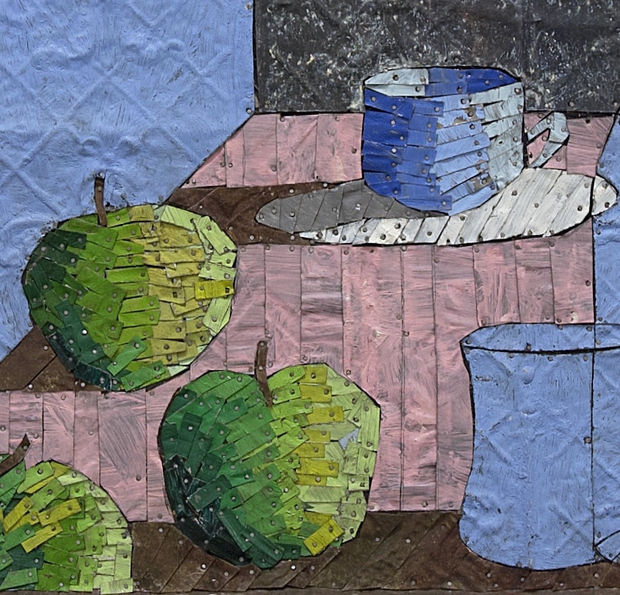 Detail of three green apples with cups in the background, created with ceiling tin