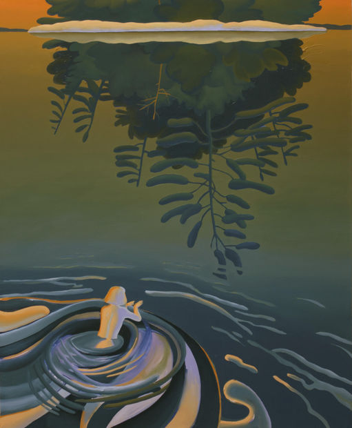 'Castaway depicts a figure swimming towards an island shore at the top of the painting. The island is largely reflected...