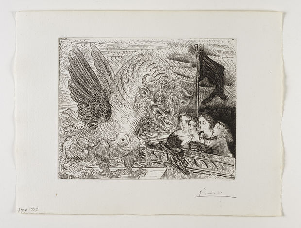 Pablo Picasso Harpye &agrave; t&ecirc;te de Taureau, et quatre petites Filles sur une Tour surmont&eacute;e d'un Drapeau noir Etching, 1931...
