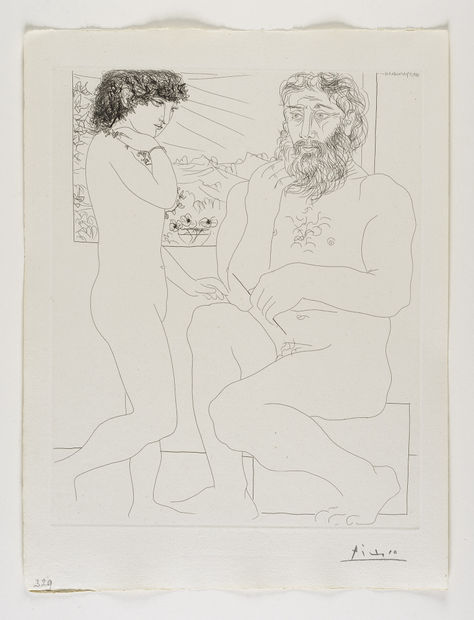 Pablo Picasso Sculpteur songeant, Mod&egrave;le aux Cheveux noirs et Bol avec trois An&eacute;mones Etching, 1933 45 x 34 cm