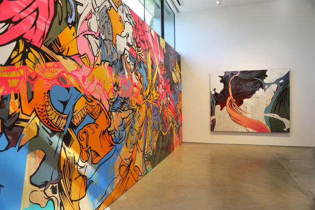 The imposing scale of the paintings within the physical confines of the gallery space increases the inescapable sense of motion...