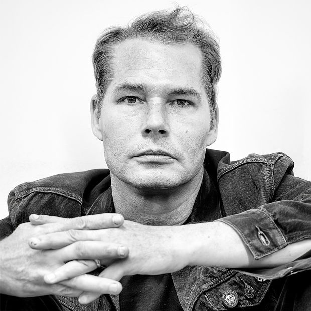 black and white portrait of artist Shepard Fairey