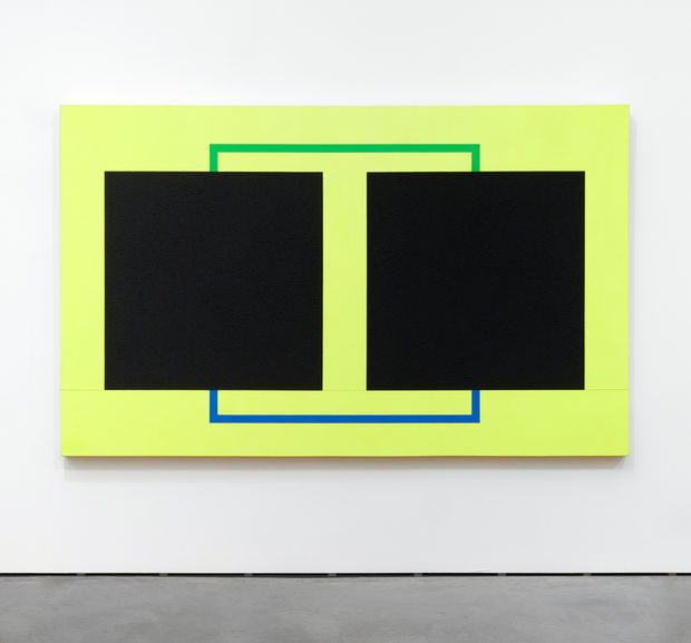Peter Halley. Two Cells with Circulating Conduit, 1986, Acrylic, fluorescent acrylic, Flashe, and Roll-a-Tex on two adjoined canvases, 162,6 x...