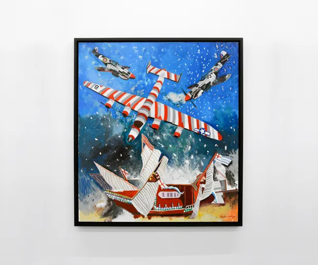 Ship masts, airplane insignia, ocean waves, and fluttering flags&mdash;Morley revels in the intricacy of his compositions, layering visual complexity upon...