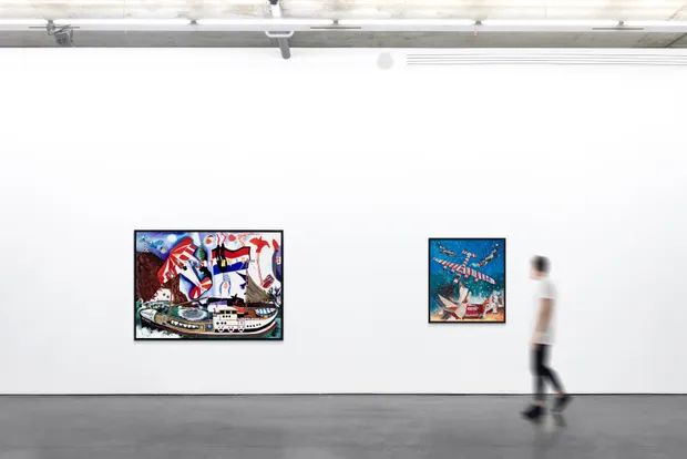 Ship masts, airplane insignia, ocean waves, and fluttering flags&mdash;Morley revels in the intricacy of his compositions, layering visual complexity upon...