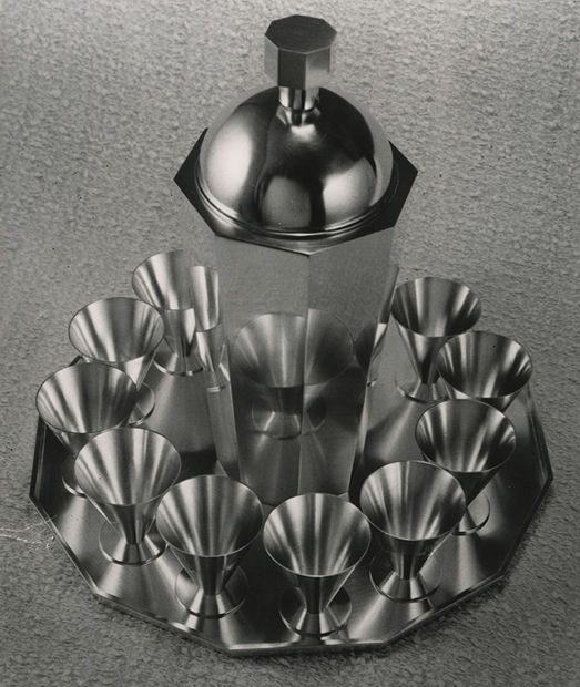 Cocktail shaker, goblets and tray.