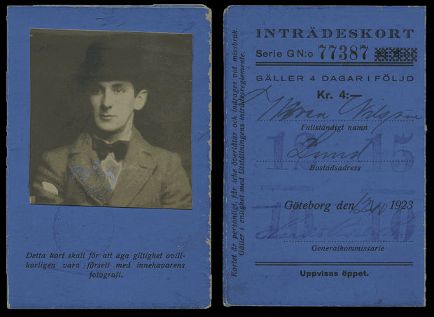 Wiwen Nilsson’s entry card to the Gothenburg Tercentennial Jubilee Exposition, 1923.
