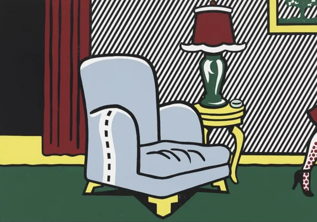 Stylised image of a domestic interior, containing a blue armchair and a red lamp.