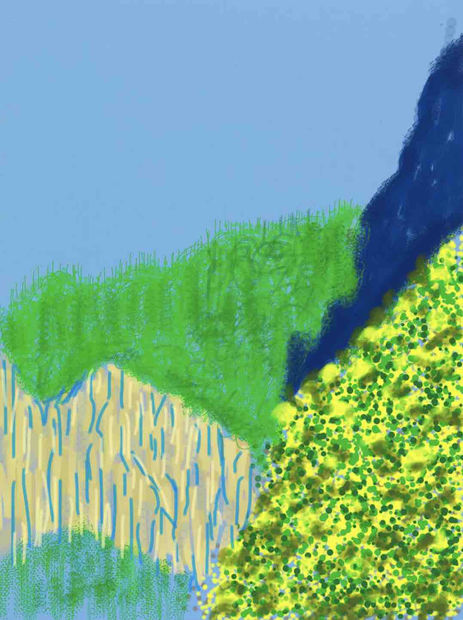 David Hockney Yosemite iPad drawing of abstract cliffs, foliage, and clear sky – plein-air digital art from Yosemite Suite