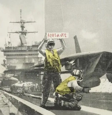 Banksy’s 2006 Applause artwork with crowd cheering airstrikes, satirising media spectacle.