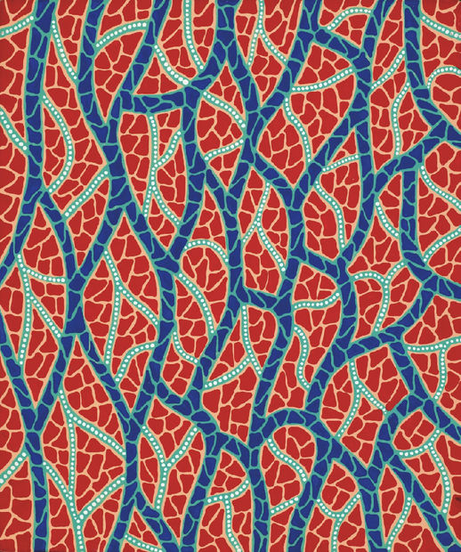 Yayoi Kusama, Net in Blue, 1987. Acrylic on canvas, 45.5 × 38 cm. A late Infinity Net painting, reflecting Kusama’s obsession with repetition, accumulation, and infinity.