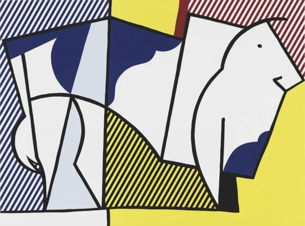 Bull III, 1973 lithograph, screenprint and linecut by Roy Lichtenstein depicting a abstract bull with blue patches on a brightly coloured background.