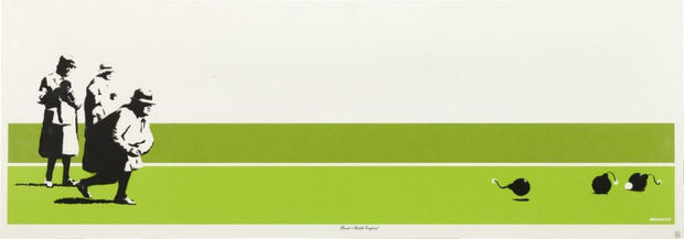 Banksy’s 2003 Bomb Middle England with bowling grannies and bombs, absurdist anti-war art.